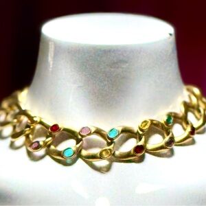 Vintage Elegant Gold Tone Chain Necklace with Multicolor glass Accents.